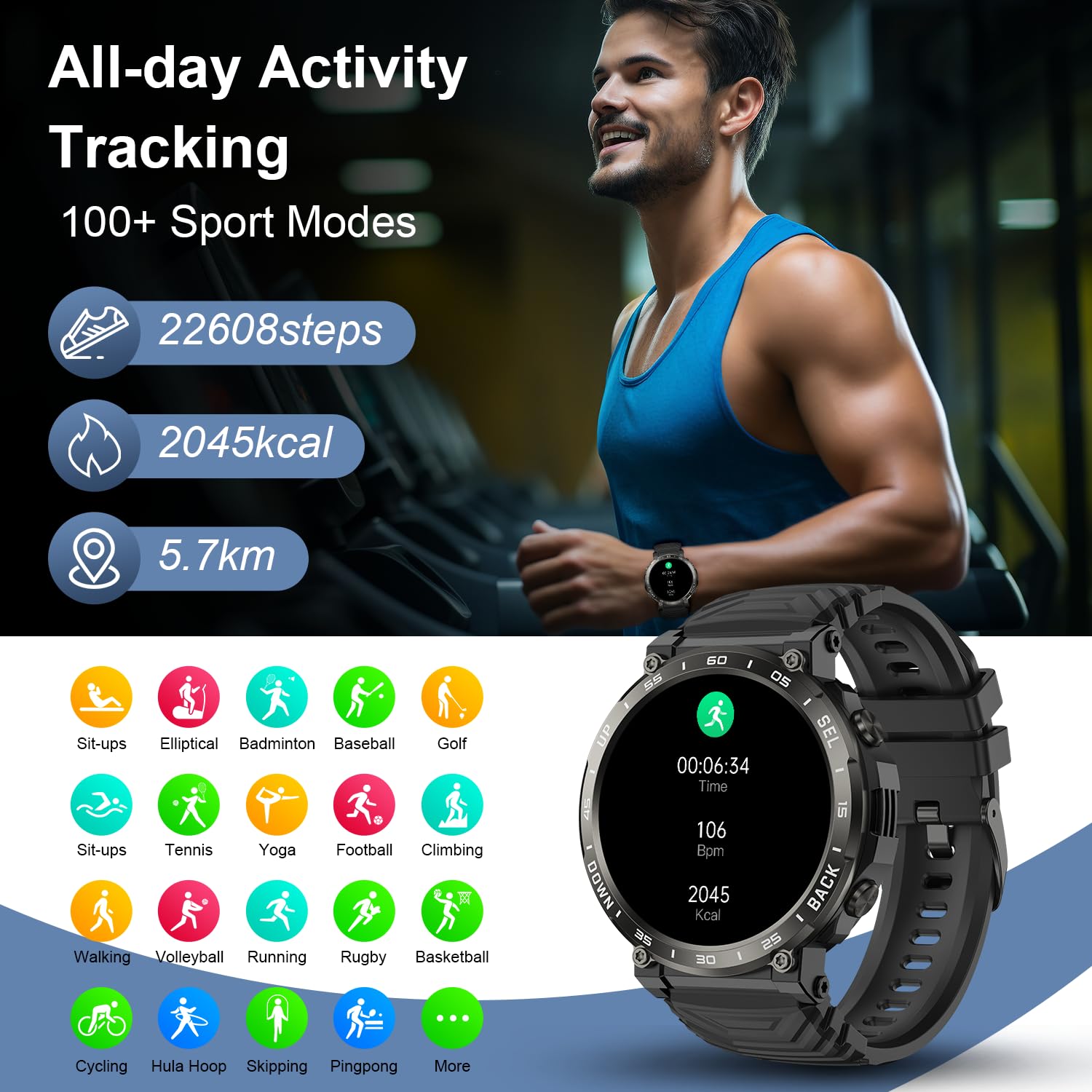 Smart Watch For Men Fitness Tracker: Military Smart Watches For Men Running Digital Mens Watches Make/Answer Call Waterproof Sma